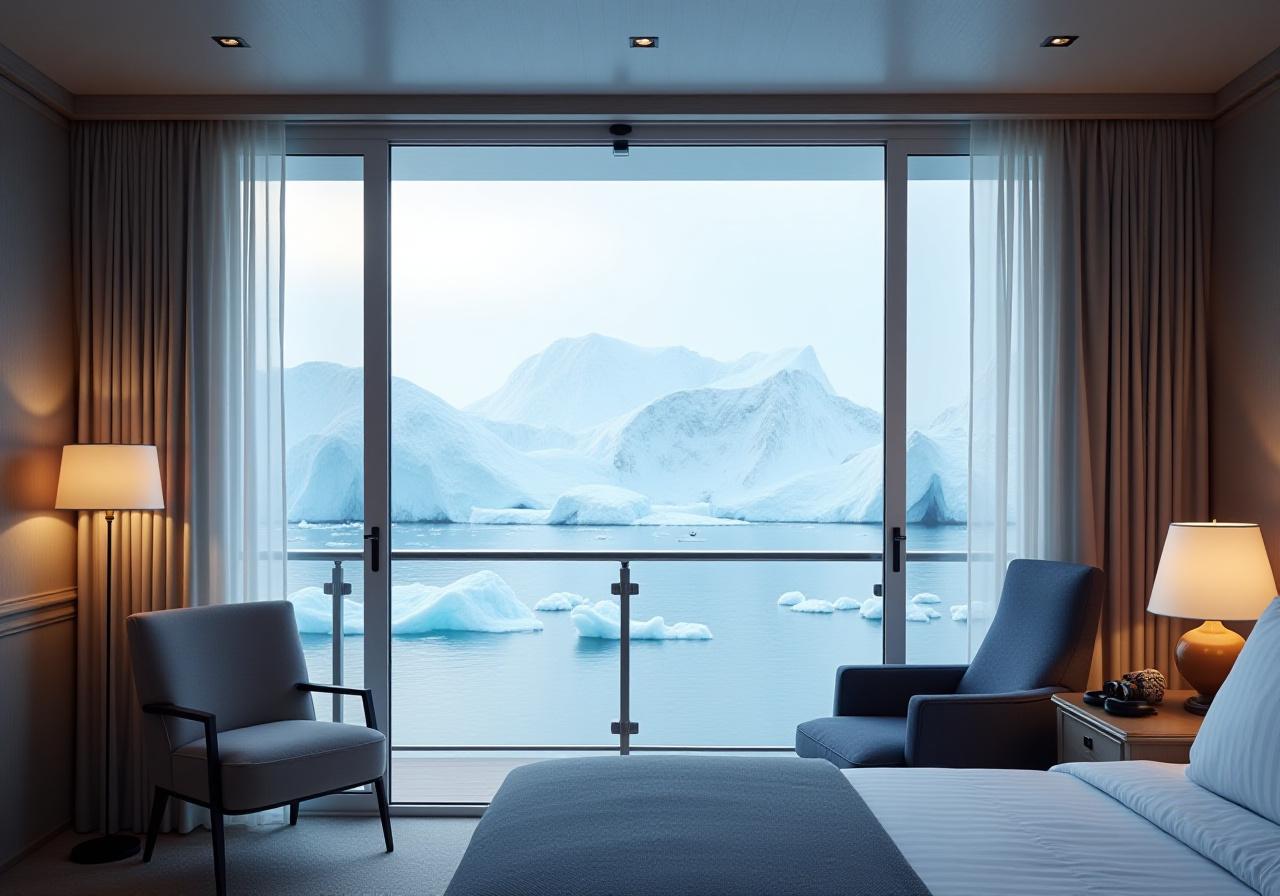 Luxury expedition ship stateroom with panoramic glacier views